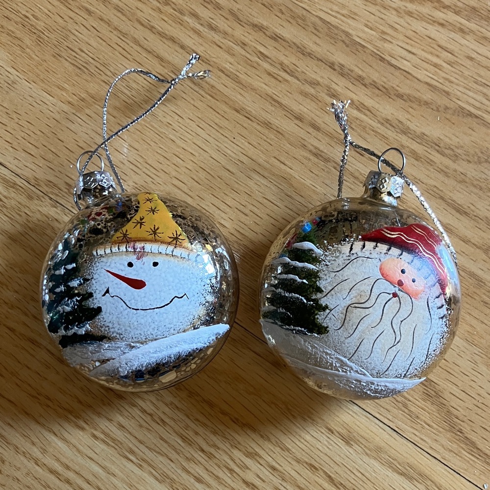 Festive Glass Ornaments with Santa and Snowman